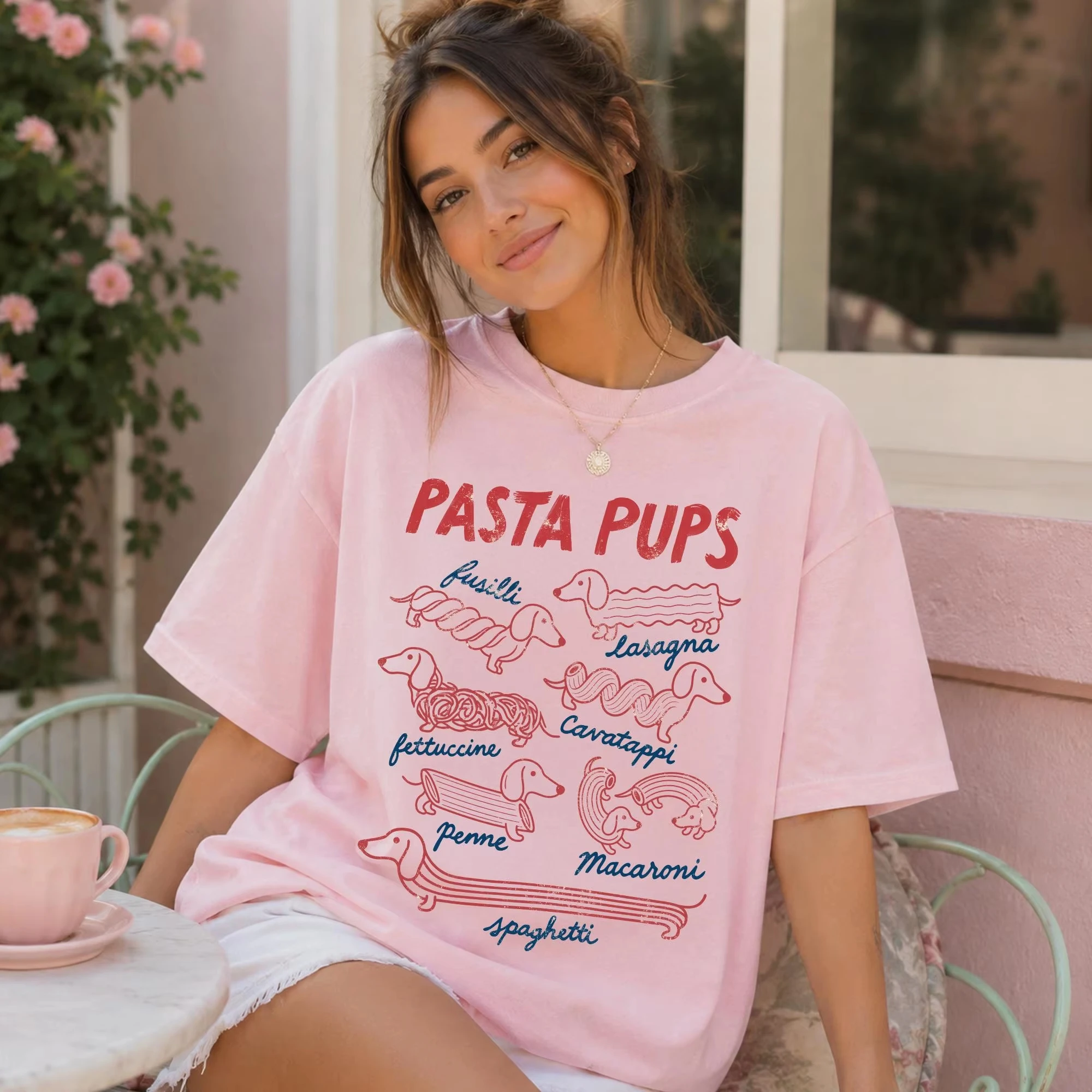 Women Pasta Pups Dachshund Graphic T-Shirt Cute Dog Noodle Print Short Sleeve Tee Funny Food Animal Casual Tops for Men Women