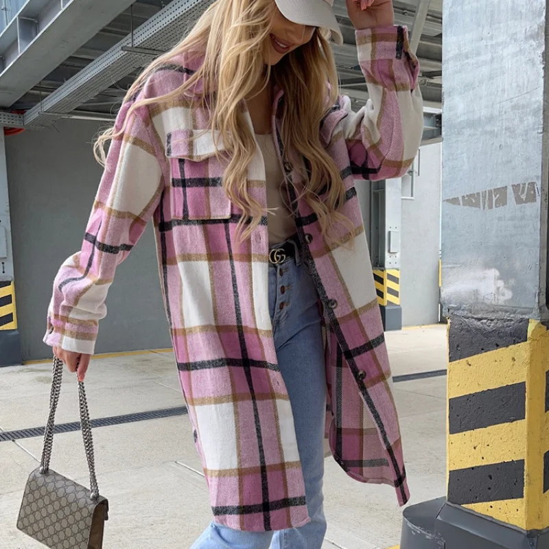 

2026New autumn and winter women's loose casual versatile mid-length plaid shirt long-sleeve jacket