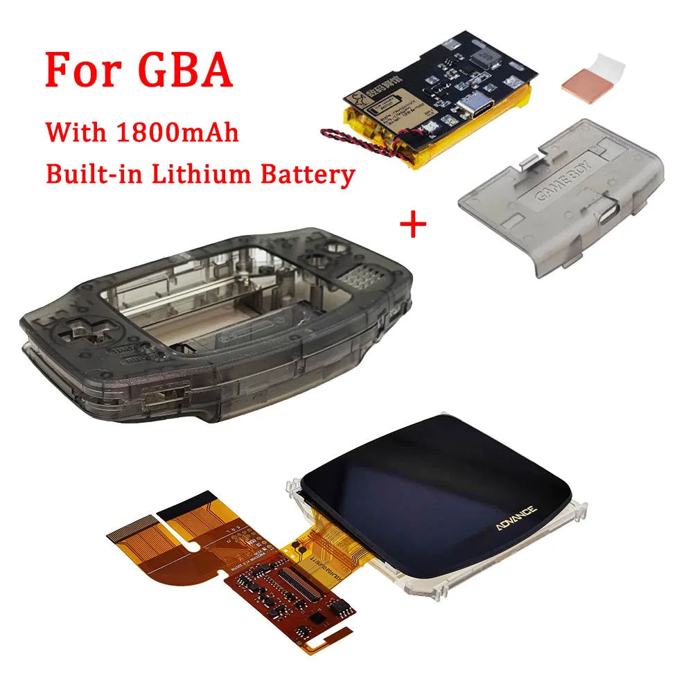 

New 1800mAh Built-in Lithium Battery with Type C Charging Port Battery Cover for GBA with IPS V3 Pre Laminated Screen LCD Kits