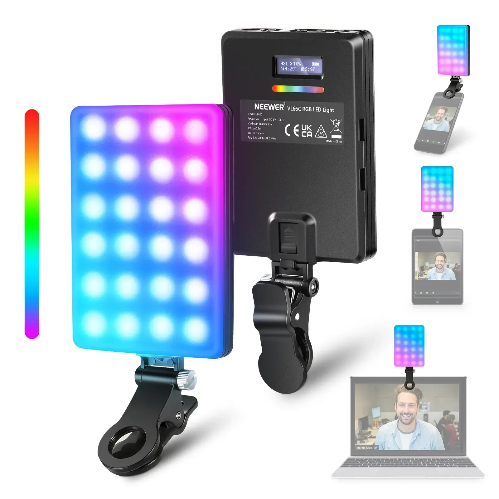 

NEEWER RGB LED Light For Phone With Phone Holder & Light Clip, Dimmable CRI 97+ 3 Modes Phone Light, Built In 2000mAh Battery