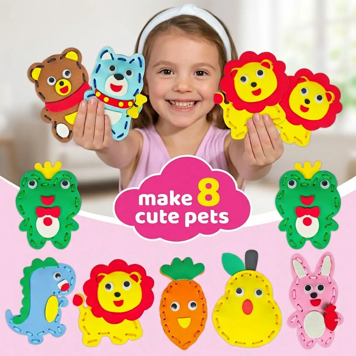 Cute Animal Sewing Kit No-Mess EVA 8 Easy Projects Beginner Learn to Sew Art Crafts Boys Girls DIY Pendants Sew & Stick Pet Gift