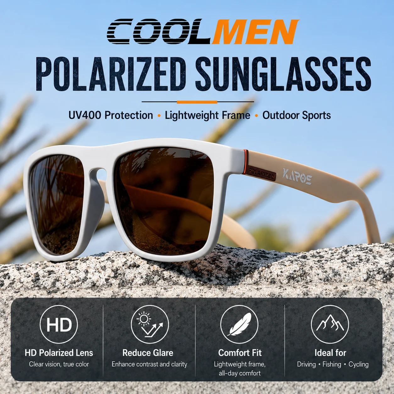 

COOLMEN Fashion Vintage Square Sunglasses Men Women Luxury Brand Designer Men's Sun Glasses Driving Fishing UV400 Eyewear Man