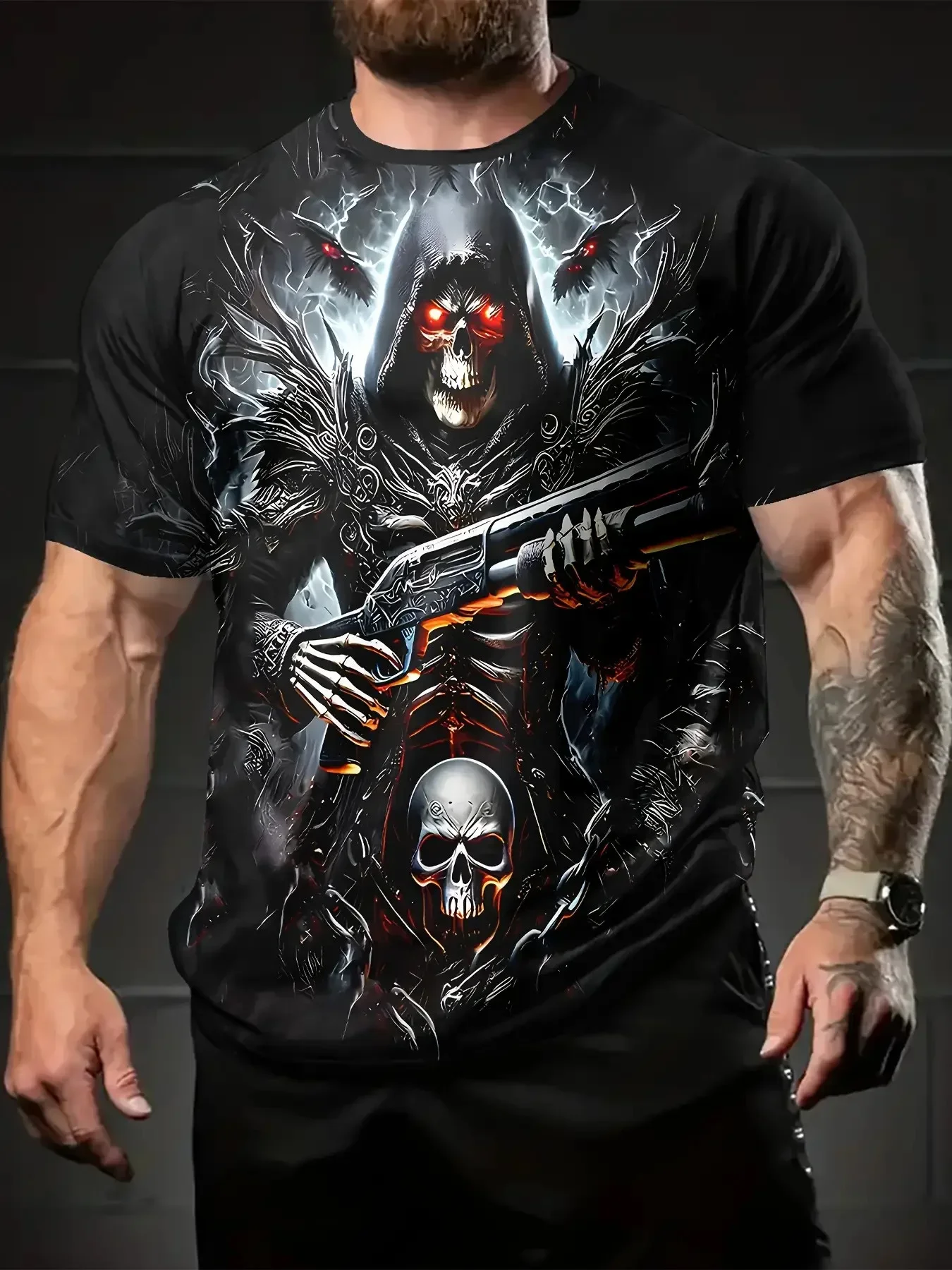 Modisches Herren-T-Shirt mit Sensenmann- und Schrotflinten-Print, Vintage Gothic Blitz-Totenkopf-Grafik für Männer, Sommer Casual Streetwear