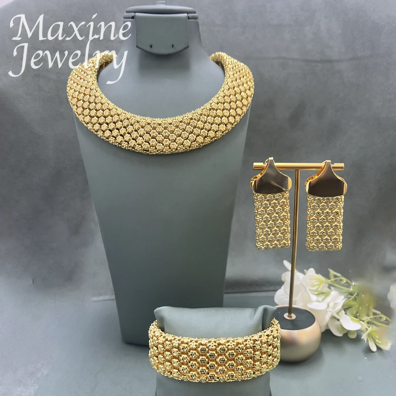 Chunky Necklace Earrings Bracelet 18K Gold Plated Jewelry Set for Women Dubai Trendy Luxury Jewellery African Wedding Party Gift