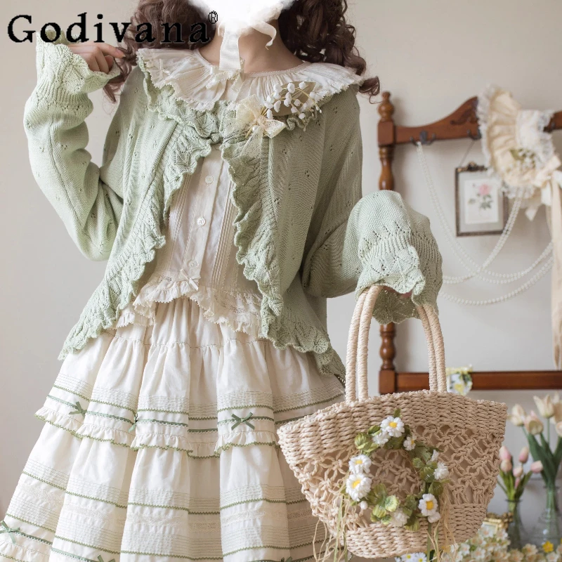 

Original Japanese Lolita Solid Color Knit Cardigan Autumn New Girl's Sweet Doll Collar Retro Cardigan Loli Daily Knit Jackets