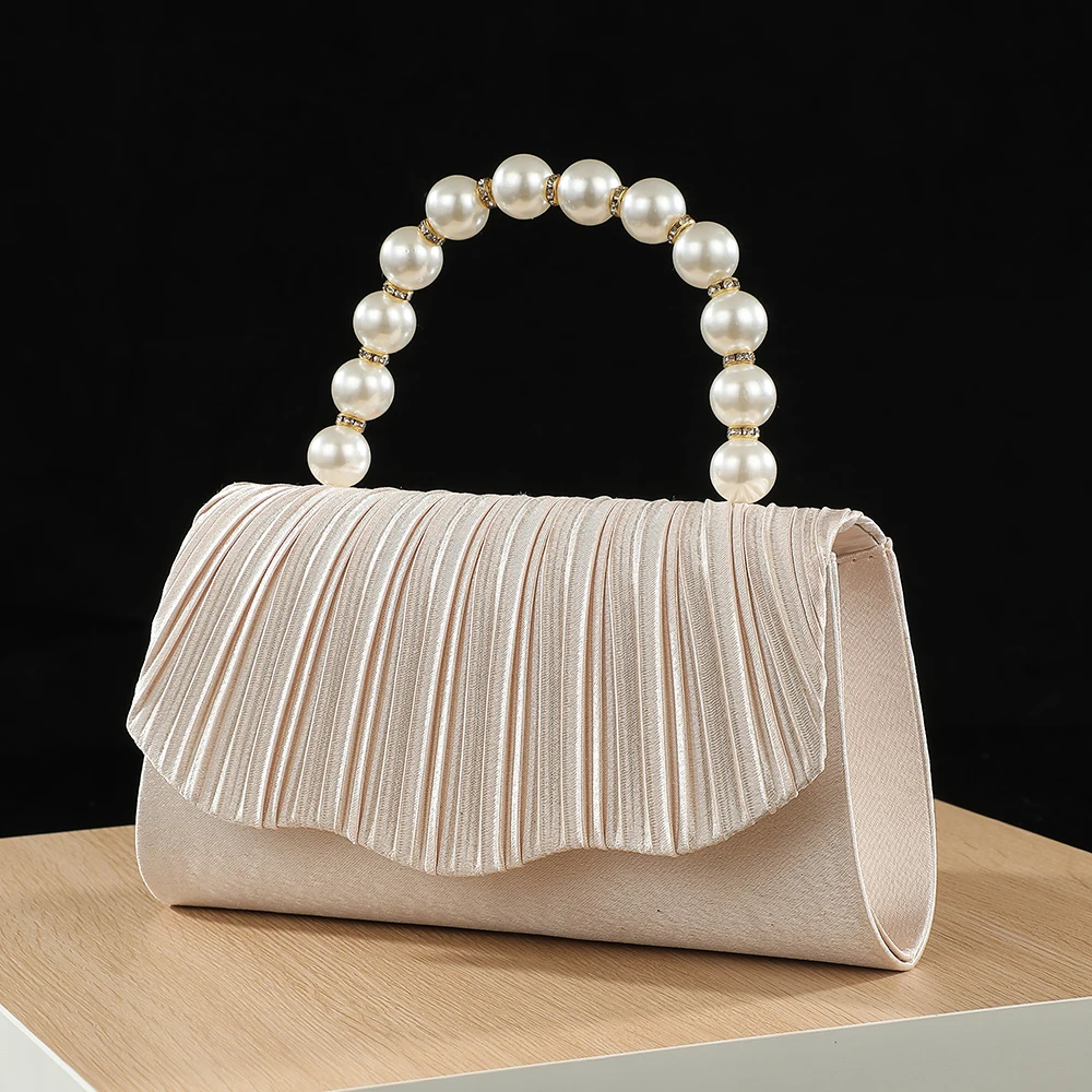 New fashionable pleated pearl hand-held evening bag with satin texture birthday party dress bag and socialite travel storage ba