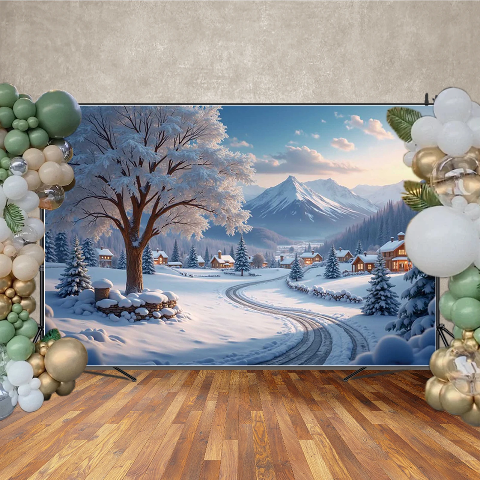 

MOON.QG Town Pine Trees White Winter Merry Christmas Party Photography Backdrop Photo Background Photobooth Wallpaper Decoration