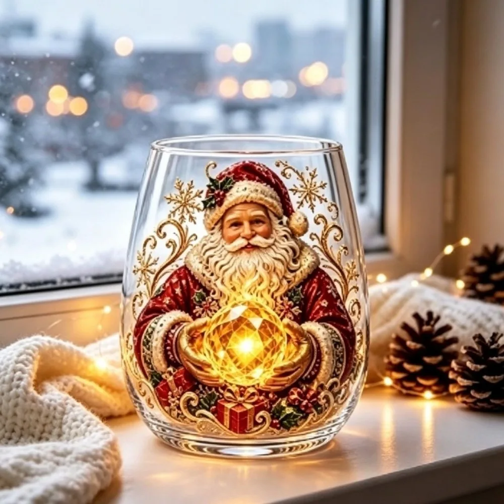 Drinkware 2D Print Christmas Wine Glass Santa Claus Reindeer Clear Stemless Glass Tree Snowman Christmas Art Cup Party