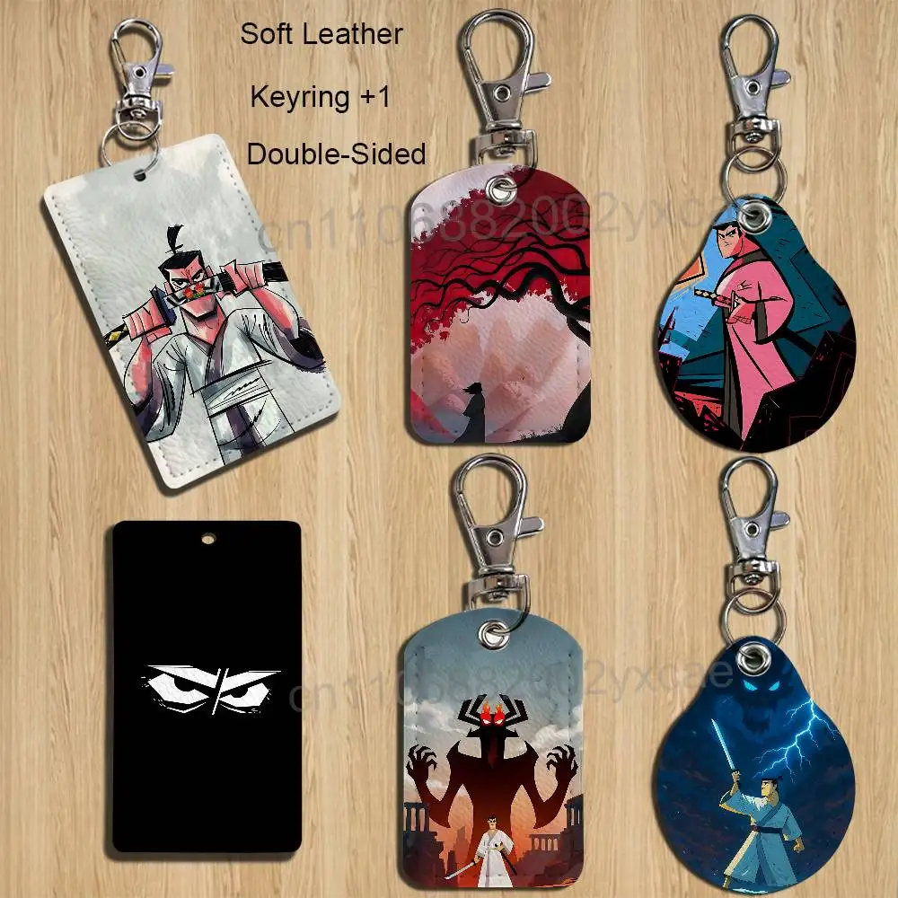 

game Loneliness Samurai Jack Rectangle ID Card Case Keychain Access Card Bag Key Tag Ring Leather Card Holder Key Ring Access