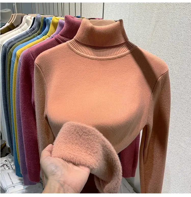 2025 New Thicken High Collar Pullover Women's Sweater Top Winter Warm and Soft Solid Color Inner Wear Bottoming Shirt