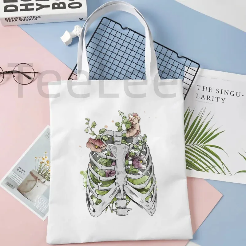 Women Shopper bag Flower Skeleton Printed Skull Harajuku Bags Shopping Canvas Shopper Bag girl handbag Tote Shoulder Lady