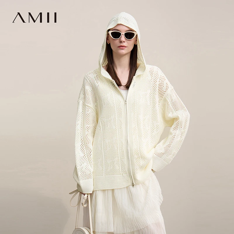 

Женский кардиган Amii 2026: Новинка весенней коллекции, ажурный жаккардовый шерстяной вязаный кардиган с капюшоном, на двойной молнии, свободный крой, модель 12651032