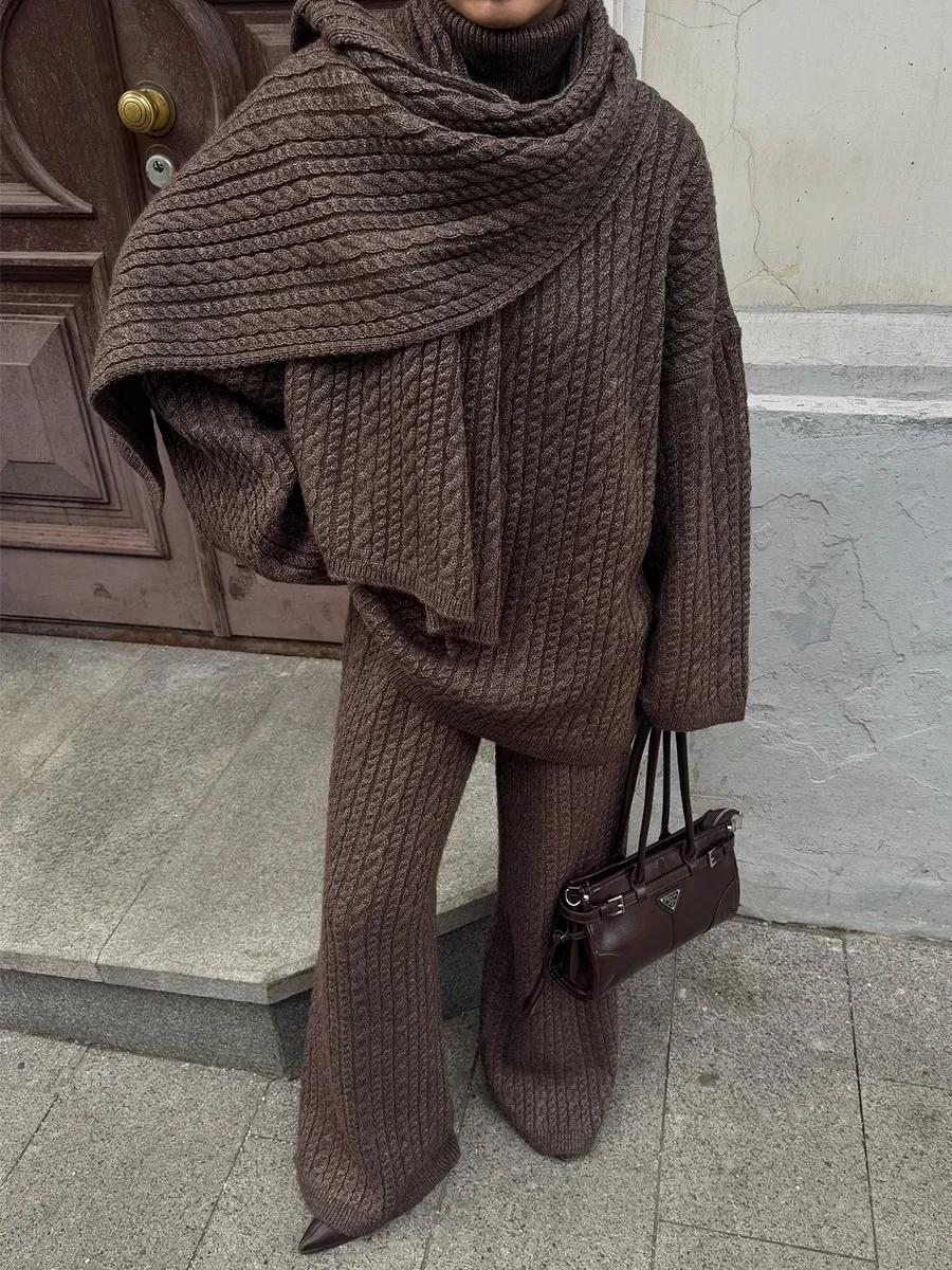 

Blubelle Women's New Autumn Winter Fashion Cable Knit Sweater Wide Leg Pants Set Soft Wool Blend High Neck Pullover Loose Fit