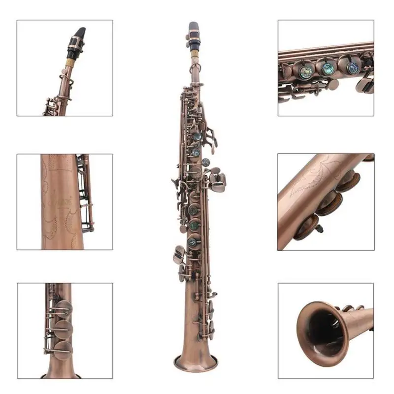 Treble Saxophone with Mouthpiece, BB Key, Retro Gold Brass Body, Abalone Shell Button, Curved Neck, Straight Neck, Gloves, Brush