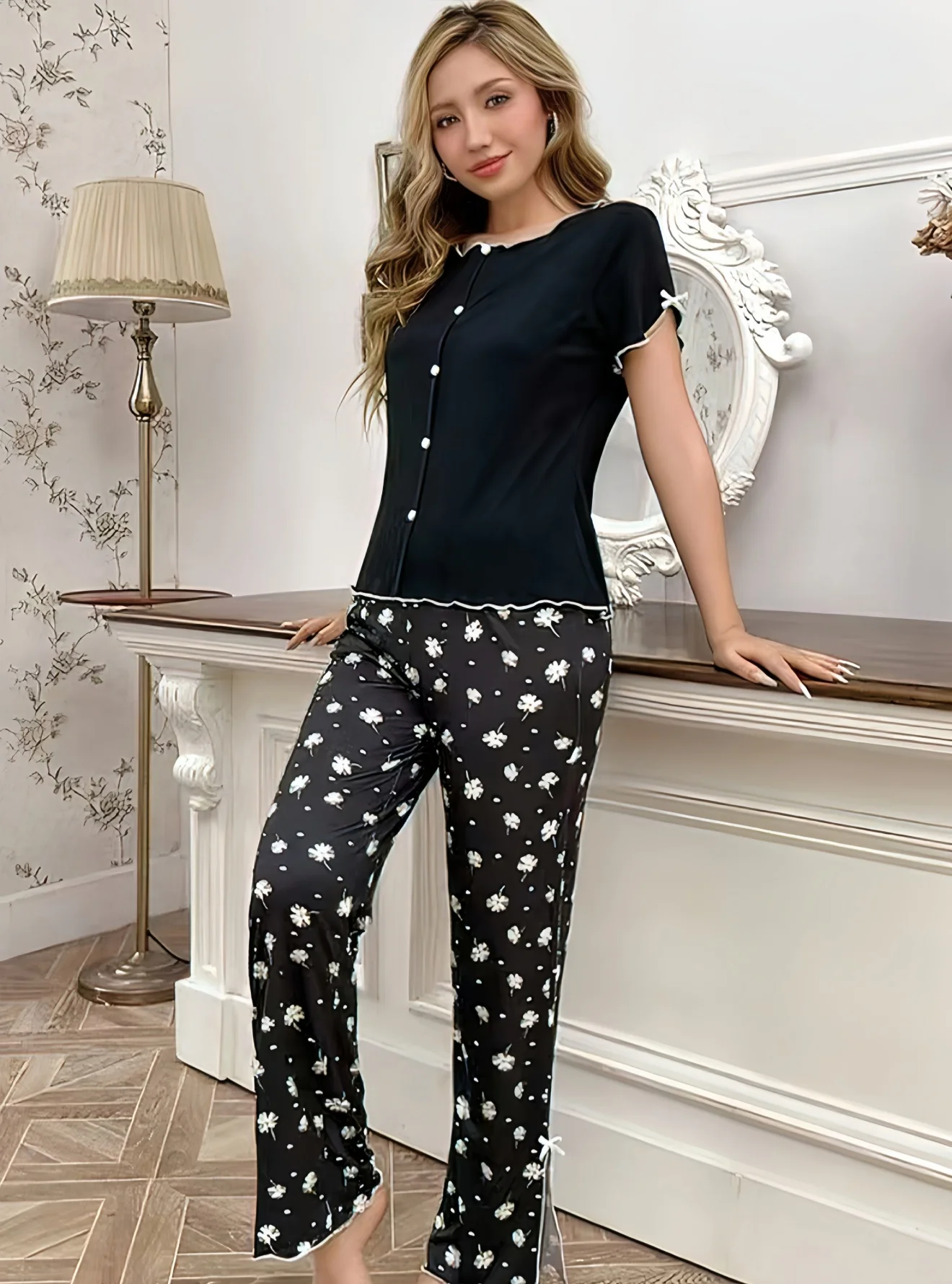 

Women's Pure Color Knitted Cotton V-Neck Long Sleeve Long Pants Sleepwear Casual Loose Home Clothes Outdoor Wearable