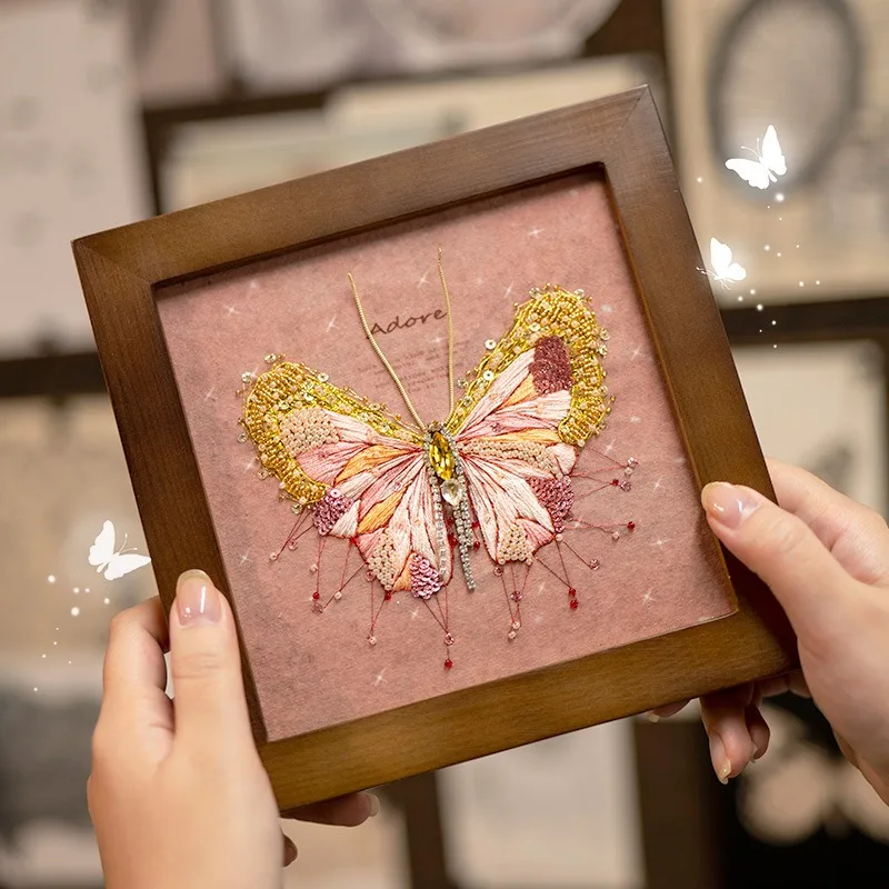 European Three-dimensional Embroidery DIY Material Bag Pink Butterfly Photo Frame Painting Home Table Decoration Couple Gift