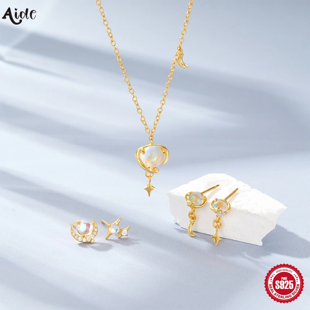 

Aide 925 Sterling Silver Blue Opal Star Moon Elements Pendant Necklace Adjust Chain Necklaces for Women Birthday Gift Jewelry