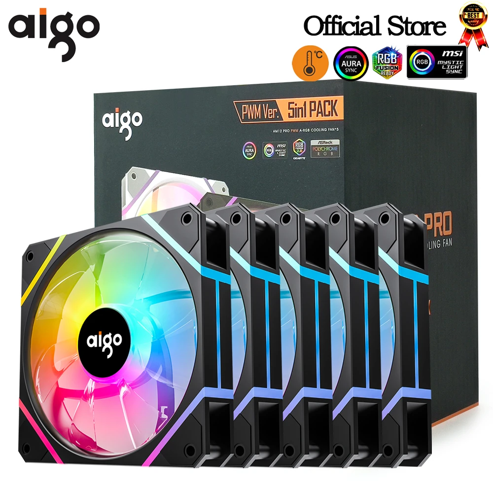 Aigo AM12PRO Computer Case Fan Ventoinha PC 120mm Rgb Fan Kit Water Cooler 4pin PWM CPU Cooling Fan 3pin5v argb 12cm Ventilador