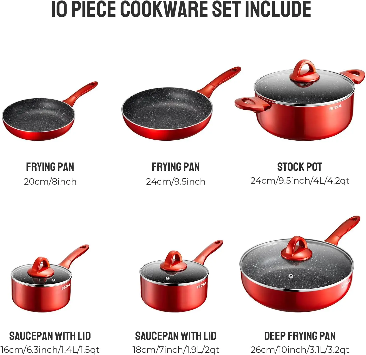 Induction Cookware Pots and Pans Set 10 Piece, BEZIA Dishwasher Safe Nonstick Cooking Pans Sets, Stay-Cool Bakelite Handle