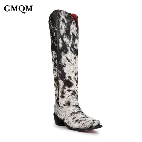 GMQM 2025 Spring And Fall New Fashion Knight Boots Zipper Pointed Toe Chunky Heel Leopard Faux Horse Hair Western Cowboy Boots