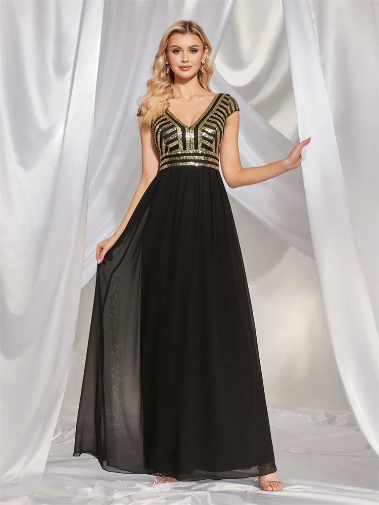 Blueplum elegante lantejoulas sem mangas vestido de noite feminino 2025 decote em v preto festa de casamento formatura baile de formatura chiffon vestidos de cocktail