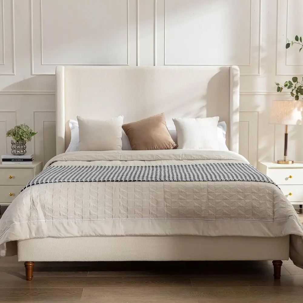 

Кровать-платформа Queen Size 54 Tall Wingback с мягкой обивкой - бежевая, прочные деревянные ламели, не требует пружинного блока, простая сборка для детей, T