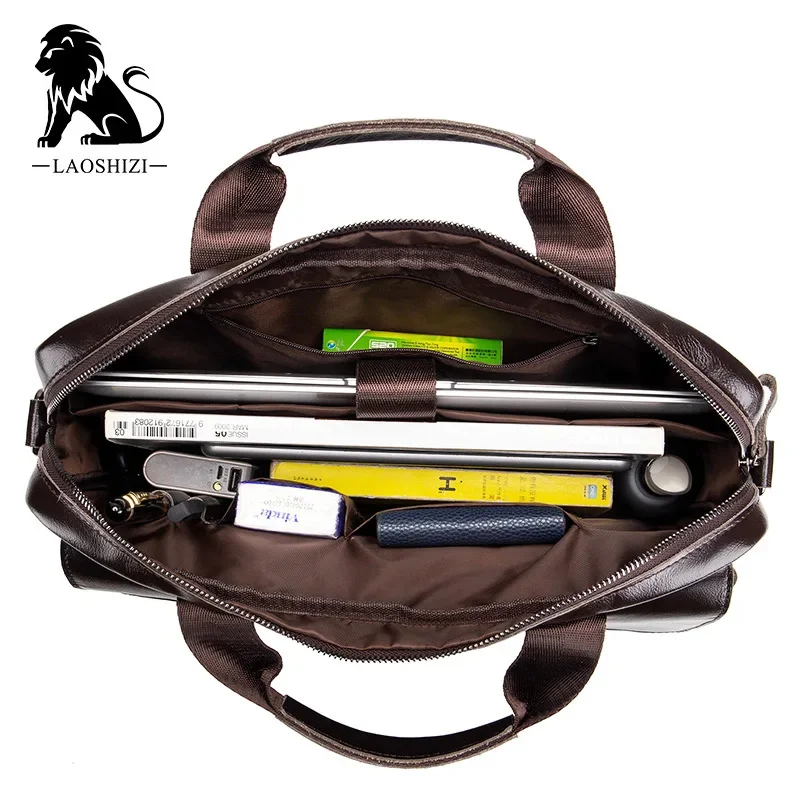 LAOSHIZI-Maleta de couro genuíno para homens, bolsa de grande capacidade, bolsa tiracolo, bolsa mensageiro, bolsa para laptop, negócios e lazer, marca