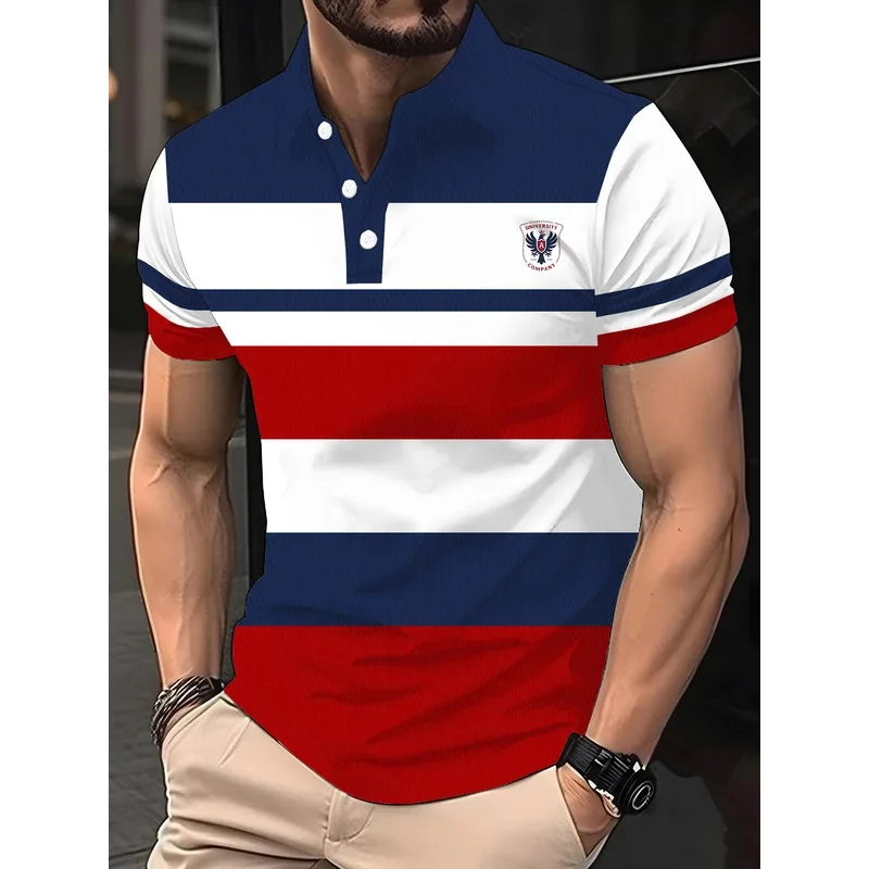Men's Polo shirt, Summer Outdoor Casual round-neck short-sleeved Striped top, Printed Oversized Style Loose T-shirt, men's Cloth