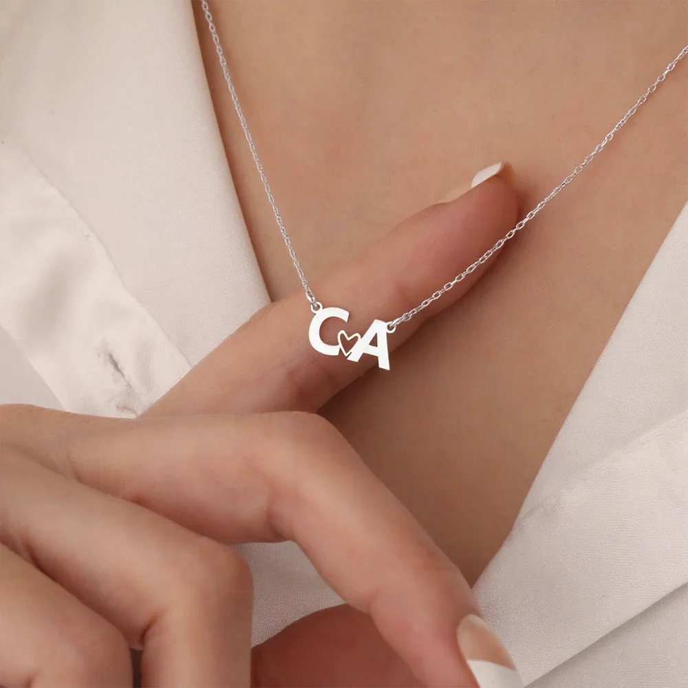 Custom Heart Necklace Two Letters Heart Necklaces For Couple Initial Chokers Personalization Love Choker Stainless Steel Jewelry
