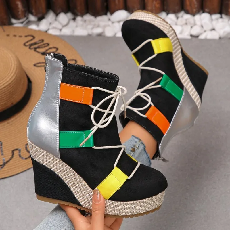 Women's Ankle Boots Wedge Heel Round Toe Platform Shoes Suede-Look Lace-Up Back Zipper Woven Trim Casual Street Style Footwear