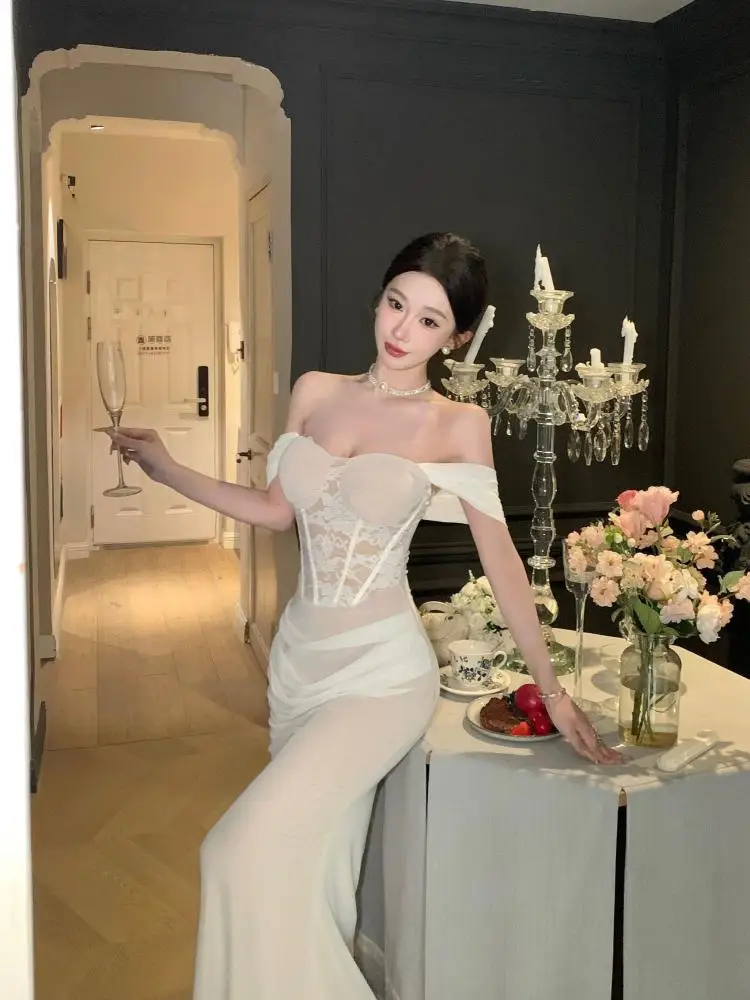 جديد إمرأة خمر الأبيض المرقعة الدانتيل أنيقة قصيرة الأكمام عالية الخصر فستان الصيف مثير نادي عارية الذراعين مطوي مساء فستان طويل #3