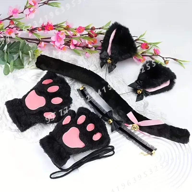 5Pcs Set Cat Paw Gloves Winter Cute Cartoon Girl Open Finger Gloves with Bell Headband Fox Cat Ear Headwear