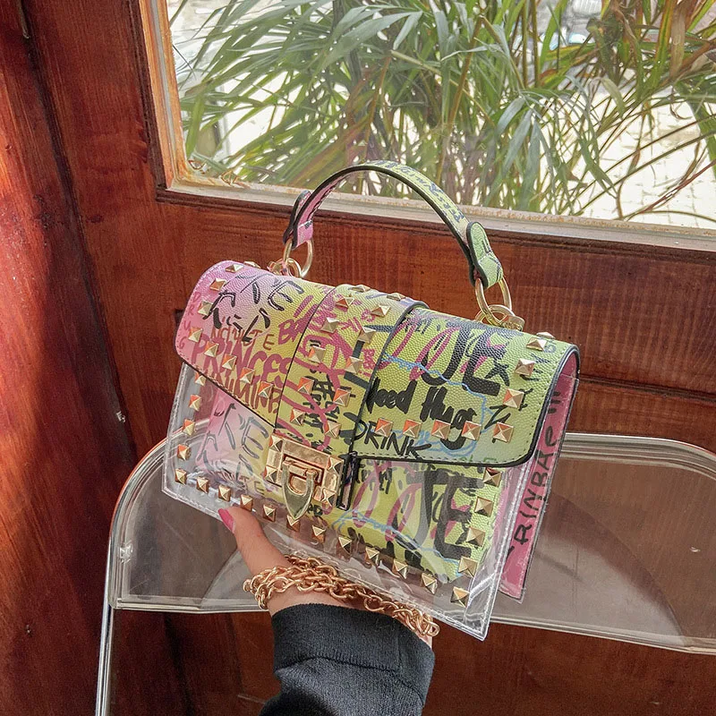 

Graffiti Translucent Retro Rivet Women Cover Handbags Letter Shoulder Chain Flap Lady Purse Crossbody Bag