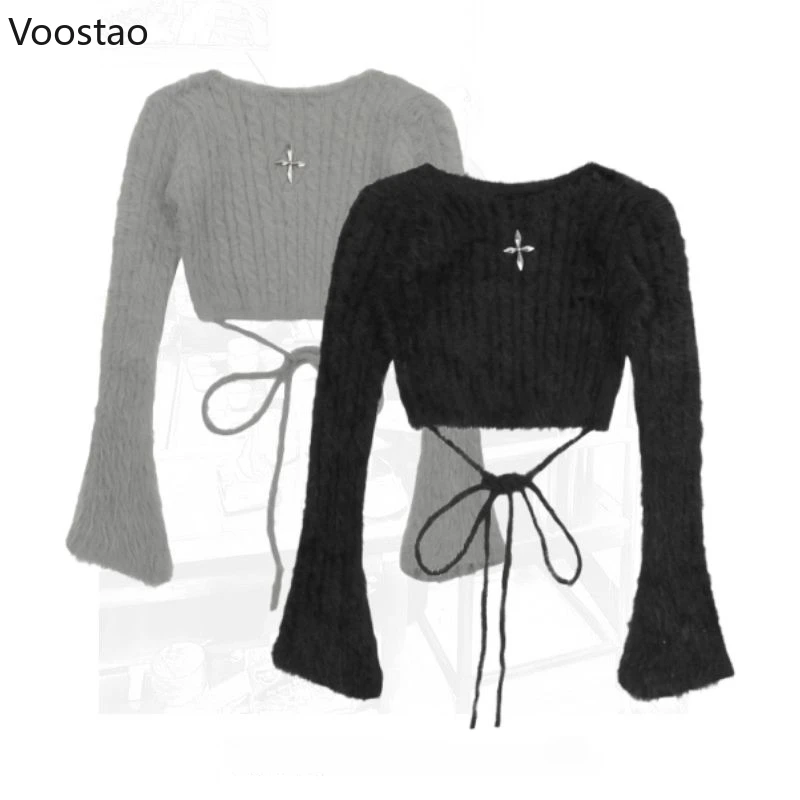 Sexy Y2k Aesthetic Cropped Sweater Women Casual Fashion Metal Cross Flare Sleeve Slim Knitted Pullover Korean Female Jumper Tops