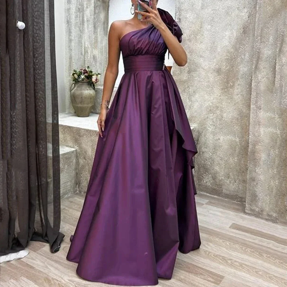 

Flechazo One Shoulder Sleeveless Evening Dress Purple with Pleat A-Line Floor Length Women Wedding Party Custom Made Gowns
