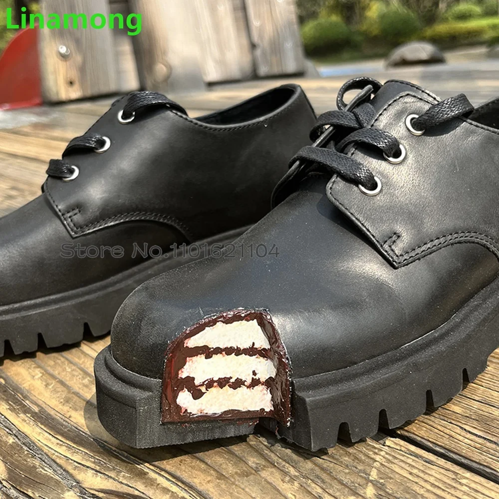 Cake Pattern Black Strange Toe Flat Shoes For Female Women 2024 Newest Lace-up Real Leather Fashion Casual Thick Sole Shoes