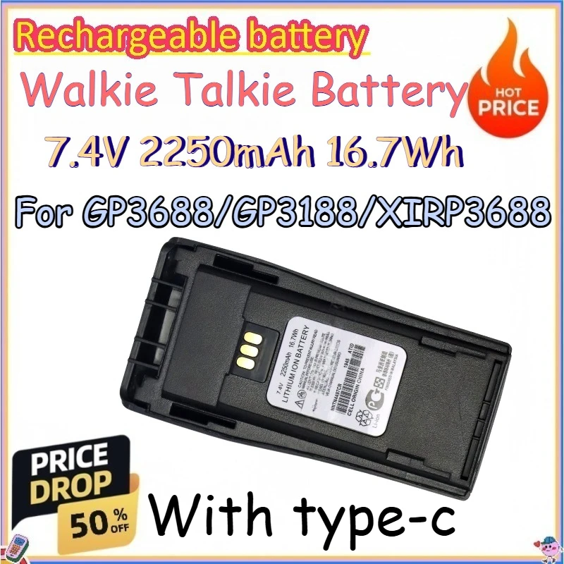

7.4V 2250mAh 16.7Wh Walkie Talkie Battery for GP3688/GP3188/XIRP3688 Replacement Rechargeable Lithium Battery with Type-c
