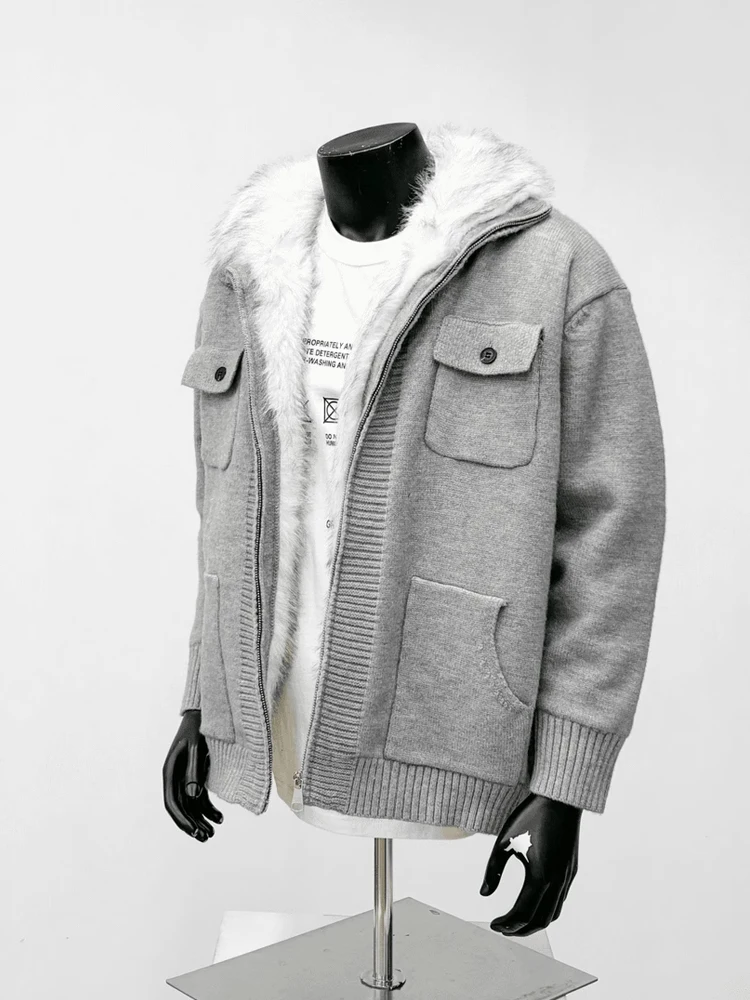 

Thiened Fce Men's Knitted Sweater Coat Stand Collar Warm Cotton Wear for Winter Season Casual Loose Fit Long Sve Zipper