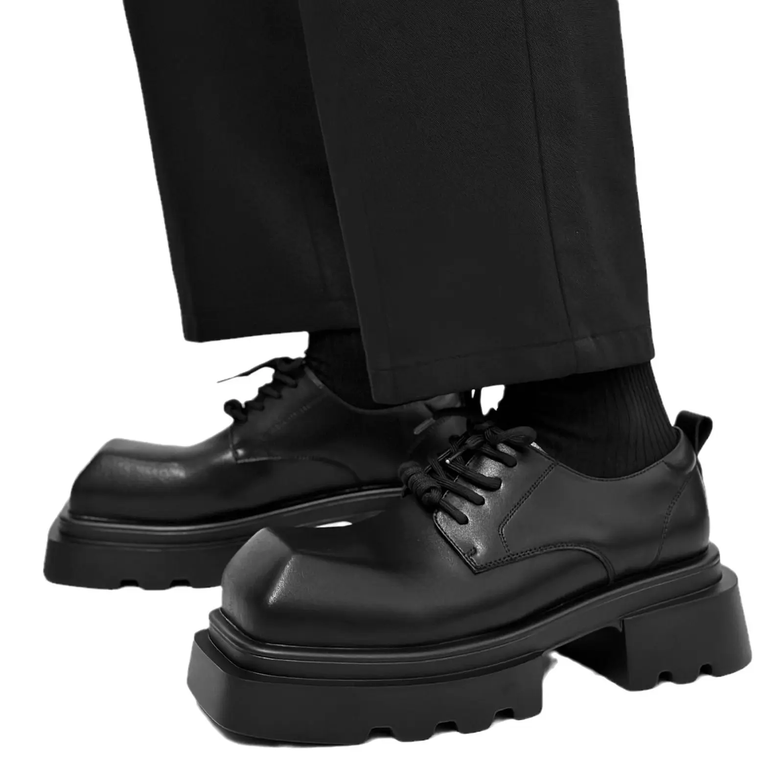 

Square Head Leather Men's 2025 New British Style Platform Height-increasing Wedding Groom Derby Shoes