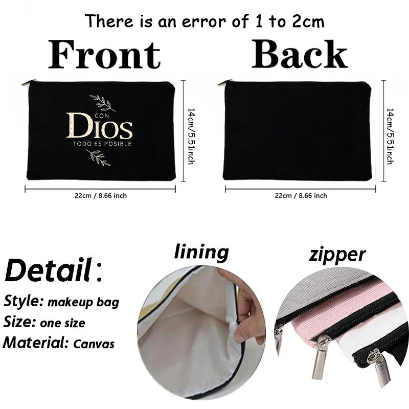 Con Dios Todo Es Posible Spanish Print Makeup Bag Best Religious Inspirational Gifts for Catholic Cosmetic Case Travel Organizer