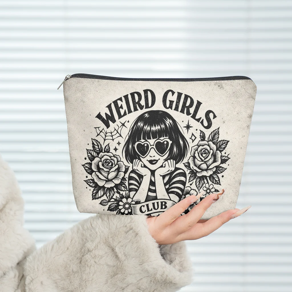 Weird Girls Club Design Linen Cosmetic Bag with Zipper Closure Large Capacity Toiletry Pouch Fashion Wallet Portable Storage Bag