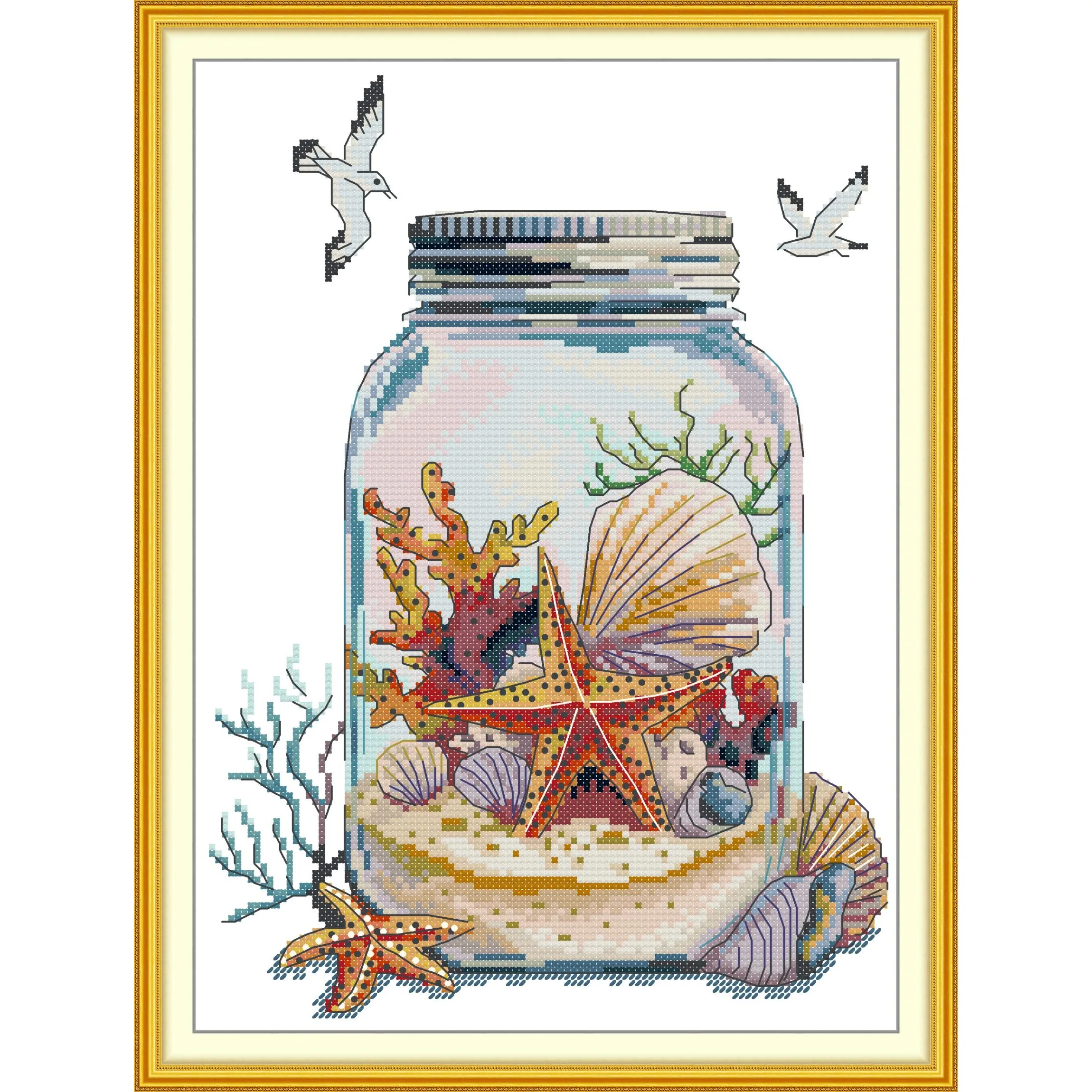 

Joy Sunday New Stamped Cross Stitch Kit,11/14/16CT DIY Easy Pattern Aida Fabric Embroidery Set-The Sea World in The Bottle