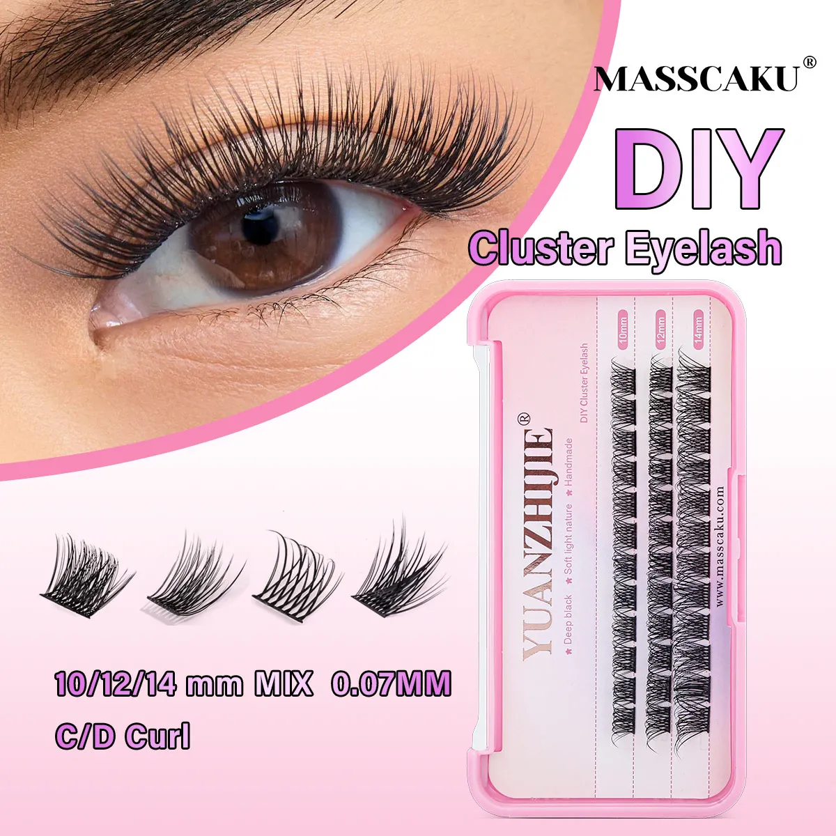 YUANZHIJIE Lashes Cluster DIY 10-14mm Mixed Tray Matte Black Clusters Eyelashes Fluffy Individual Lashes Reusable Set 3 Rows