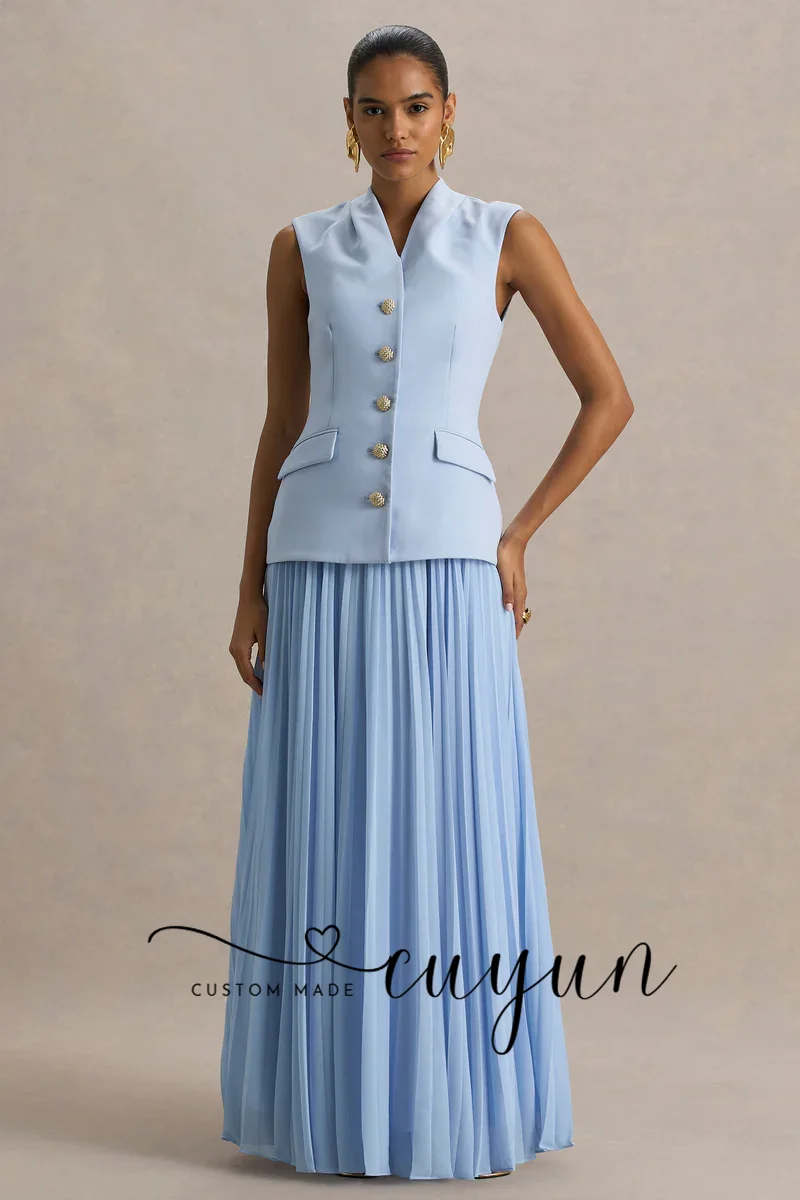 CUYUN Abito da sera personalizzato chic azzurro cielo con scollo a V senza maniche giacca monopetto pieghettato lungo abito da ballo cena festa