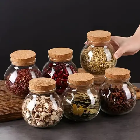 500ml/17 oz Clear Glass Bottles with Cork Stopper-Empty Refillable Round Food Flower Tea Candy Seasoning Storage Container Jars