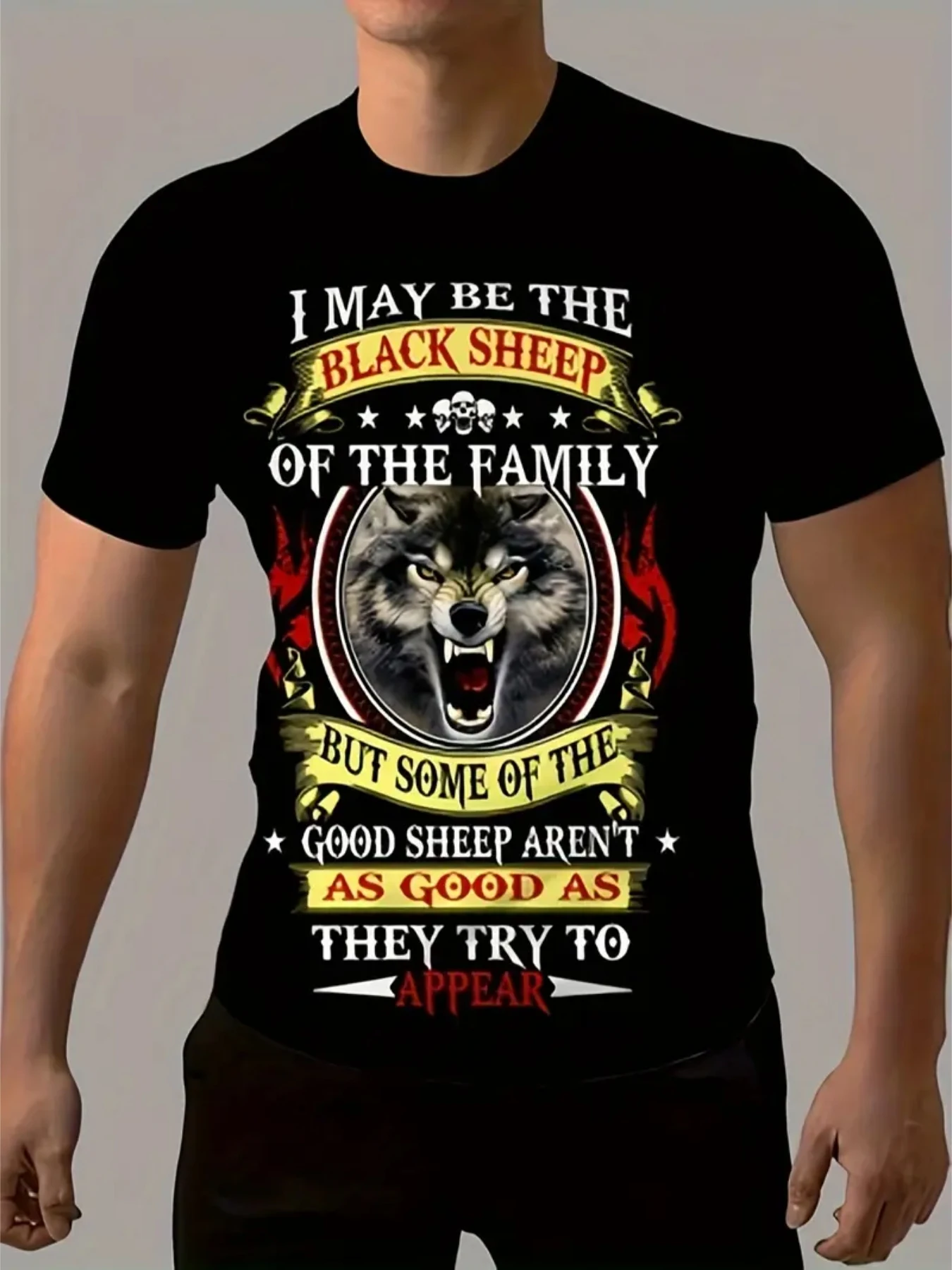 100% cotton men's Y2K pattern T-shirt - Funny wolf and sheep slogan print