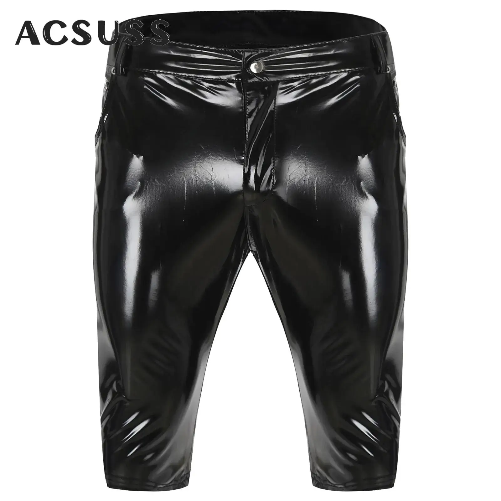 Men Wet Look PU Leather Shorts Metallic Shorts Rock Band Night Club Wear Rave Dance Party Costume Motorcycle Bike Shorts Bottoms