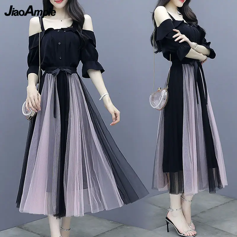 Women's Dress Suit 2026 Summer New Fashion Off-the-shoulder Mesh Midi Skirt Two Piece Korean Elegant Clothing Bow Dresses Set