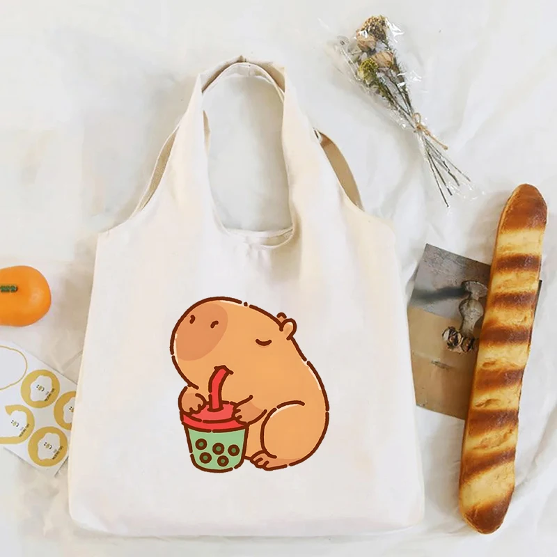 Cartoon Capybara Print White Canvas Tote Bag Organizer Women\'s Kawaii Eco Friendly Shopping HandBag Capybaras Cute Shoulder Bags