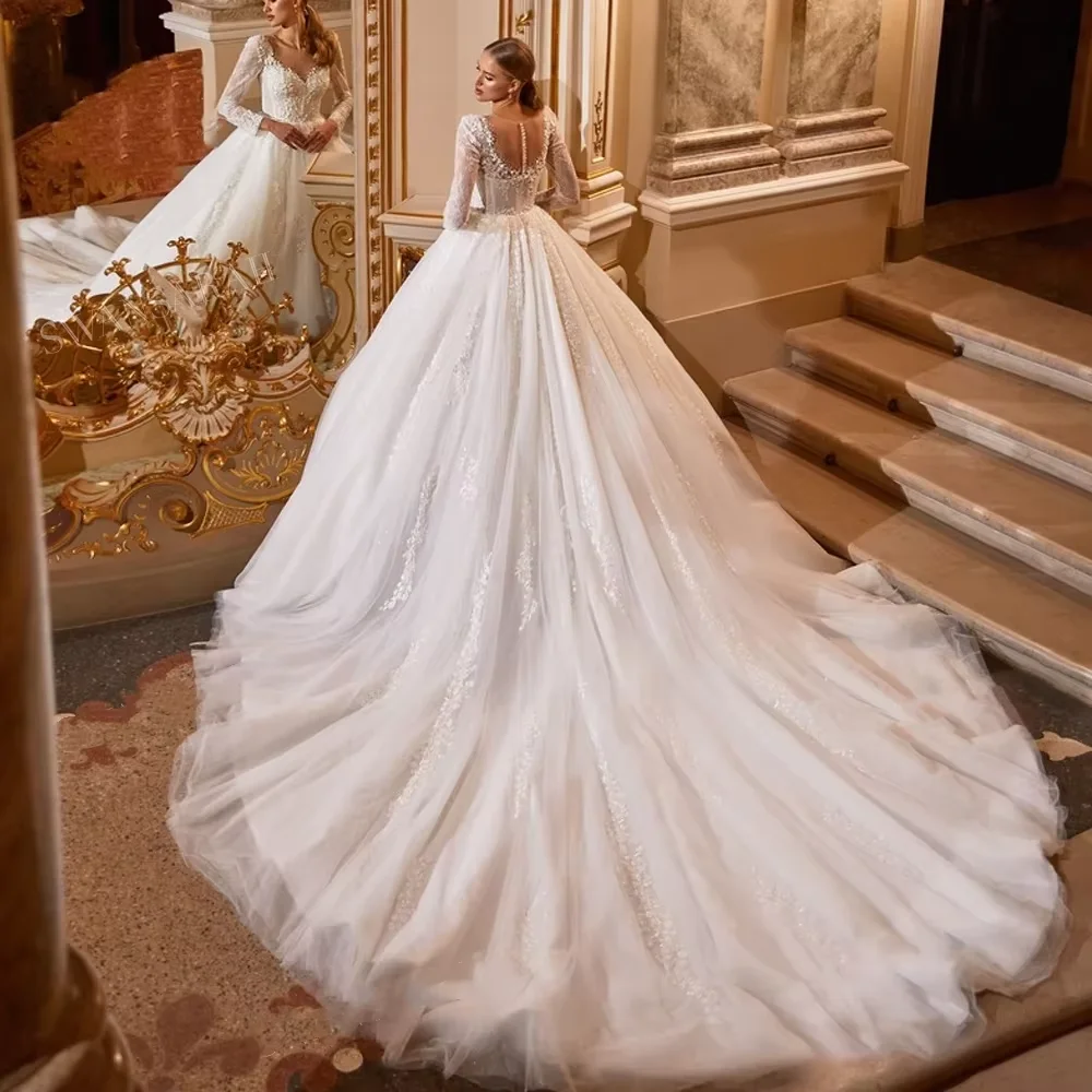 Customized  Long Sleeve Sweetheart Wedding Dress Lace Decal Bridal Ball Dress A-line Sweeping Train Robe vestido de noiva